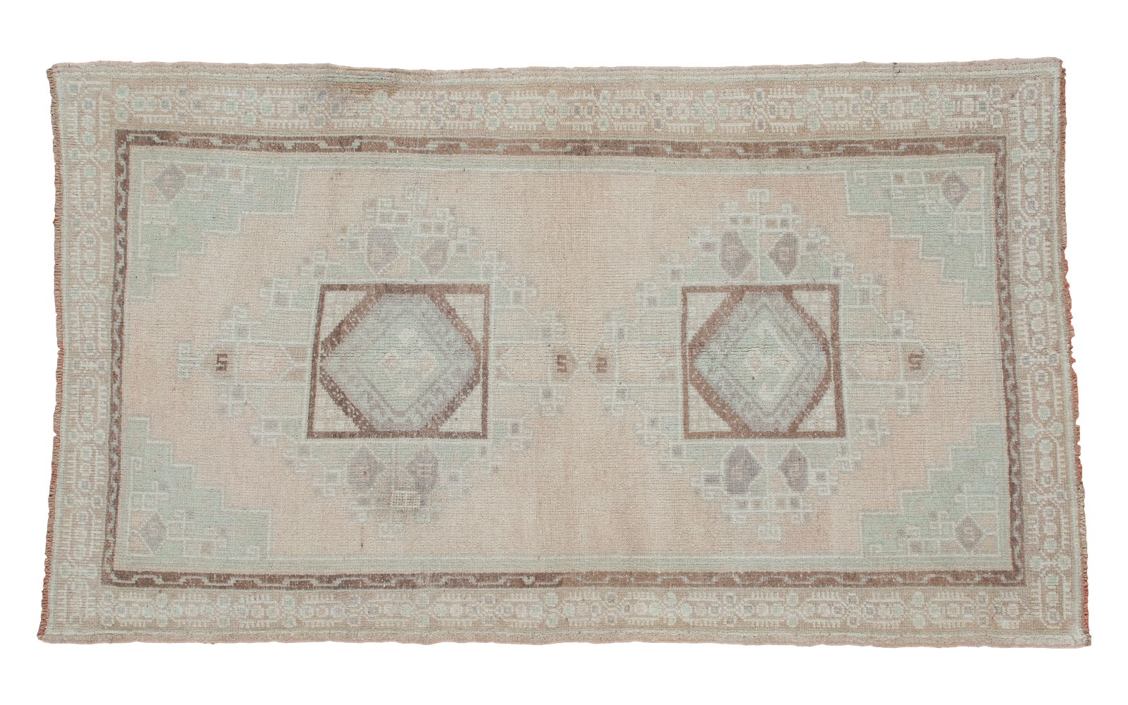 Vintage Oushak rug: peach field, pale mint spandrels, double geometric medallions, 3'7
